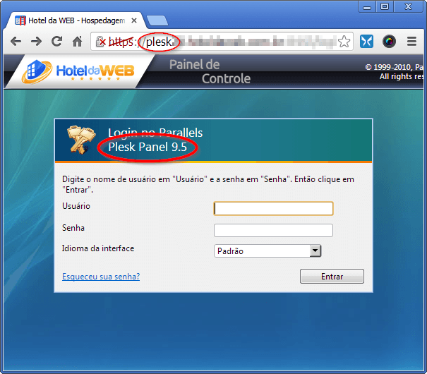 Tela de login do Painel de Controle Plesk 9 (plataforma Windows)