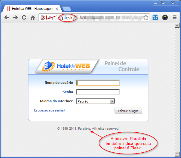 Tela de login do Painel de Controle Plesk 10 (plataforma Windows)